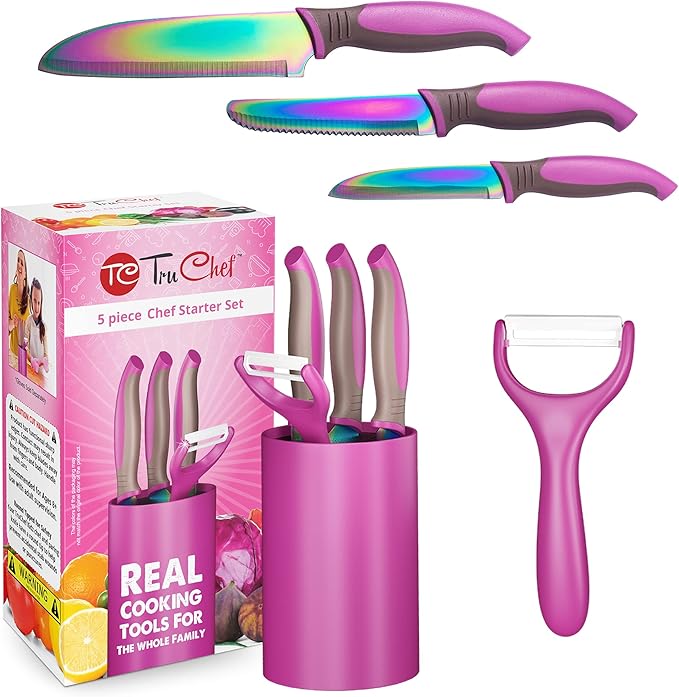 5-Piece Kids Knife Set for Real Cooking | Stainless Steel Chef, Paring & Serrated Knives with Peeler & Holder | Safe Junior Chef Cooking Set for Kids (5 pcs, Pink)