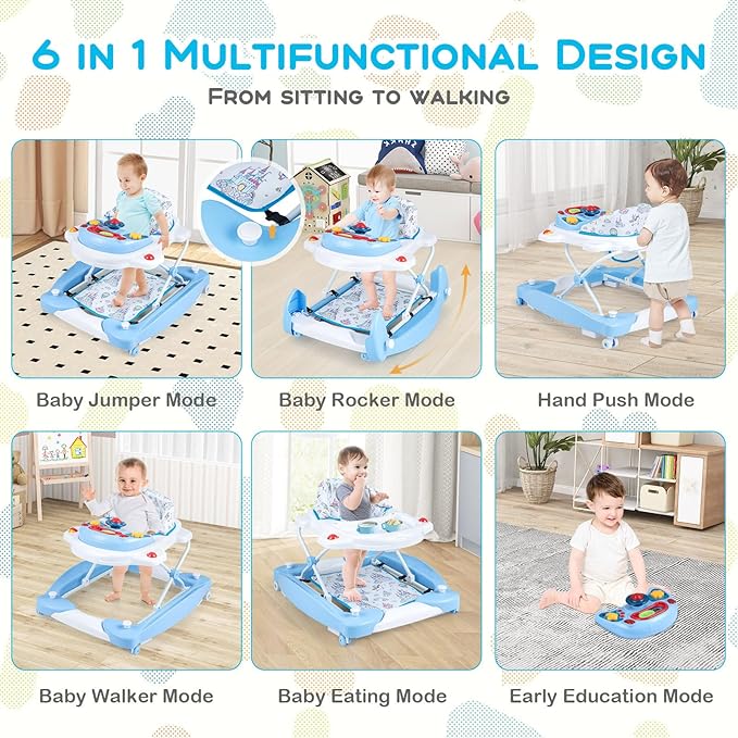 BABY JOY 6-in-1 Baby Walker, Foldable Baby Walker with Wheels, Adjustable Height, Music, Lights, Bouncer & Rocker Mode, Baby Walkers for Boys Girls 6-14 Months (Blue)