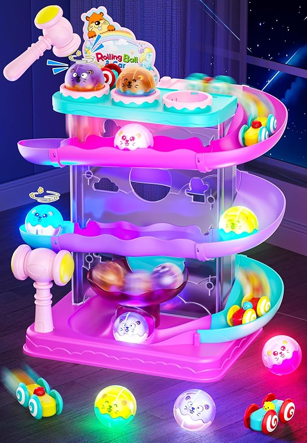 2-in-1 Rolling Ball & Car Ramp Race Track for Toddlers, Hammer Ball Drop Toy for Boys & Girls, Interactive Toys w/Sensor Lights - Montessori STEM Learning Toys - Brithday Gift for Kids 1-5+ Year Old