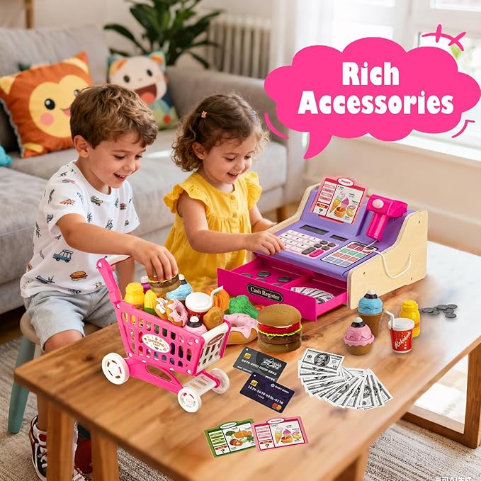 Wooden Cash Register for Kids with Shopping Cart Rechargeable Kid Cash Register with Scanner Gift for Kids Age 3 4 5 6 7 8 9 Year Old Pretend Play for Toddlers Toys for 3-12 Year Old Girls