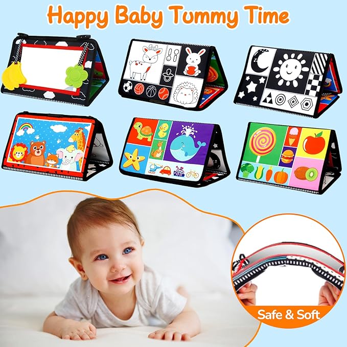 Baby Mirror Tummy Time Toys 0-6 Months with Crinkle Cloth Books Infant High Contrast Newborn Sensory Black and White Toy for 0-3 4 5 6 Months Must Haves Babies 3-6 6-12 Month Boy Girl