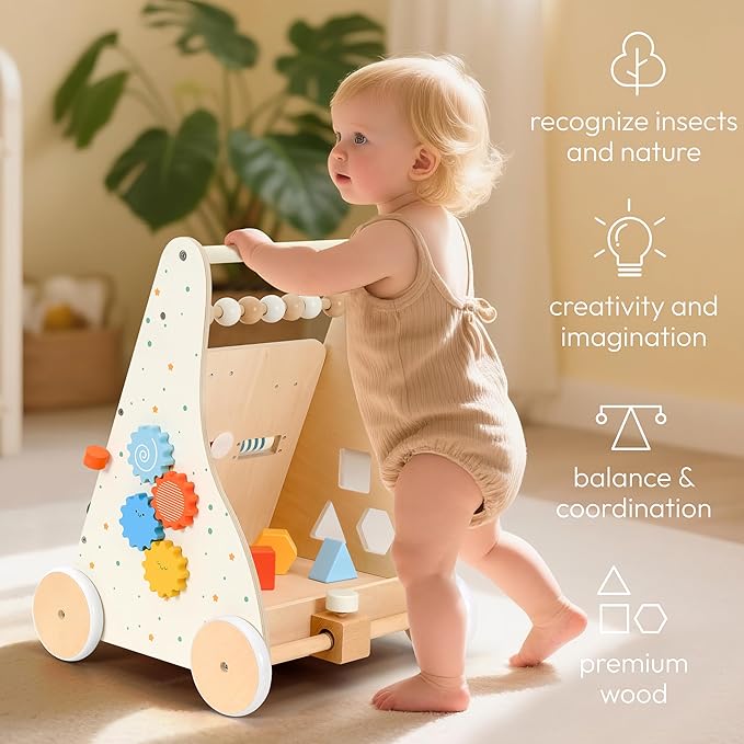 Wooden Baby Walker, Montessori Activity Center Adjustable Speed Baby Push Walker with Blocks & Shape Sorter, Learning Toy for Toddlers 1 2 3 Year Olds