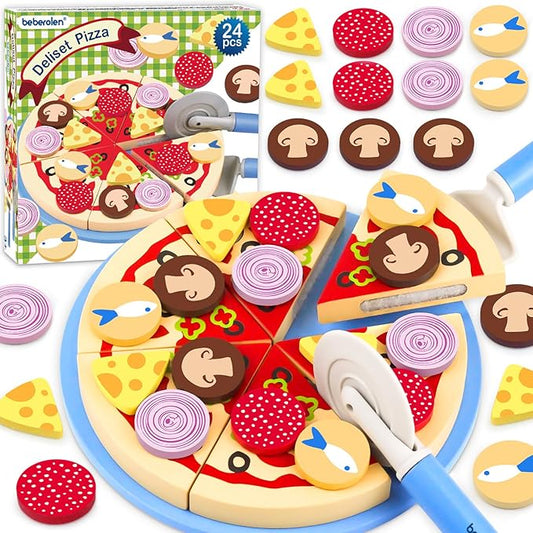 Wooden Pizza Play Food Set - 24 Pcs Cutting Toys, Pretend Play Kitchen Accessories for 3-5 Year Old Toddlers Boys & Girls