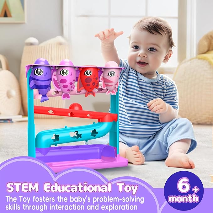 Ball Drop Toy for 1, 2 Years Old Boys & Girls, Interactive Toddler toy with Lights, Music & Water Spray, Montessori STEM Learning Toys for 9-18 Months, Infant Early Development Gift(Pink)