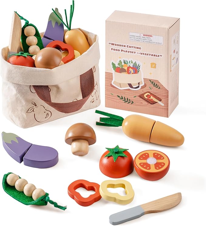ROBOTIME Wooden Play Food Cutting Vegetable Set, Pretend Play Toy Food for Play Kitchen with Shopping Bag – Kids Kitchen Accessories, Wooden Veggie Toys for Boys & Girls