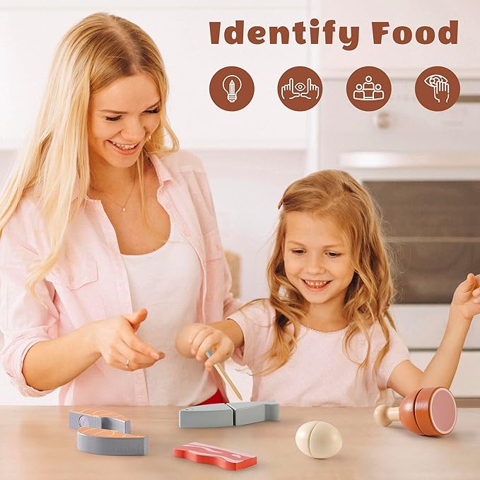 ROBOTIME Wooden Play Food Cutting Meat & Eggs Set, Pretend Play Toy Food for Play Kitchen with Shopping Bag – Kids Kitchen Accessories, Wooden Food Toys for Boys & Girls