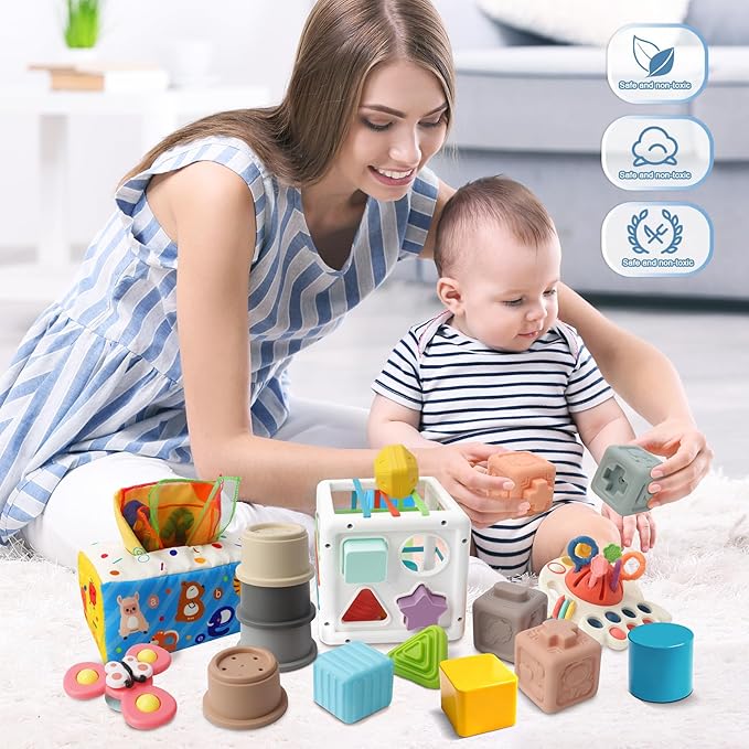 6 in 1 Montessori Toys for Babies 6-12 Months Up - Incl Pull String Toy, Stacking Cups, Tissue Box, Suction Cup Spinner, Stacking Blocks,Activity Cube, Baby Toys for 1 2 3 Year Old