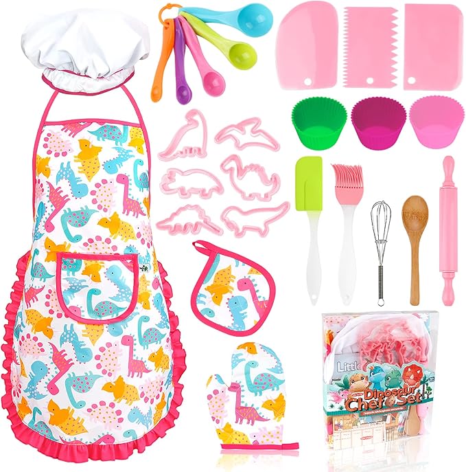 KAEGREEL Kids Baking Set 26Pcs with Dinosaur Apron & Hat Cooking Chef Dress Up Role Play Toys, Kitchen Toys Pretend Play Gifts for Girls Boys Aged 3 4 5 6 8 Years Old