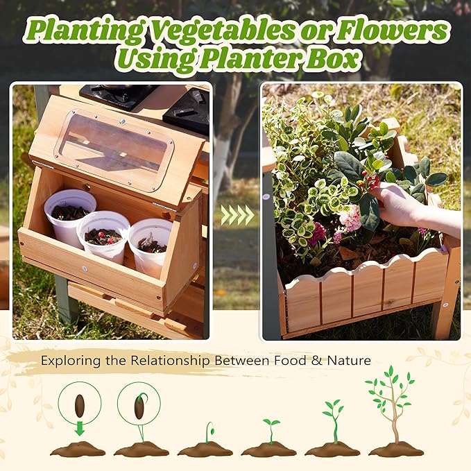 ROBUD Outdoor Mud Kitchen Set for Kids, Wooden Pretend Play Kitchen with Plant Growing Box, Real Faucet, Sink, Kitchen Accessories, Pretend Play for Kids Boys Girls Toys Age 3+