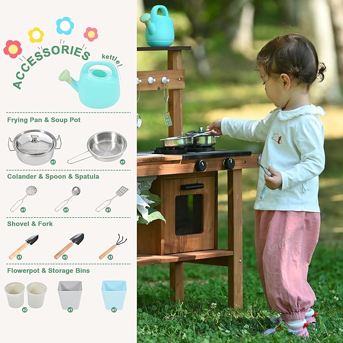 OLLIKIVI Mud Kitchen for Kids Outdoor, Wooden Play Kitchen with Removable Sink, Faucet, Storage Shelves, Backyard Garden Toddler Kitchen Playest, Kitchenware, Stove, Gift for Boys and Girls