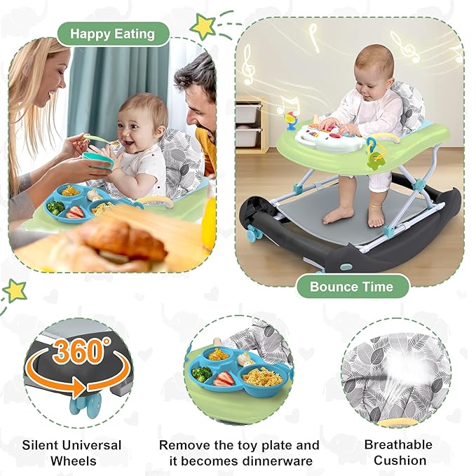 Foldable Baby 5-in-1 Activity Walker - Rocker, Activity Center, Bouncer, Seat Walker, Push Walker - Adjustable Speed Rear Wheels and Height Toys Ages 6-18 Months… (Green)