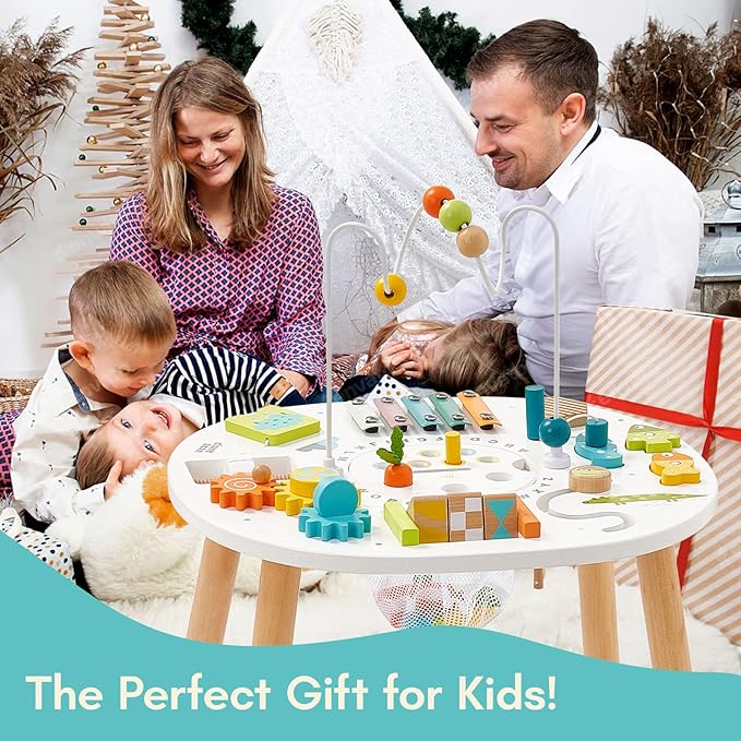 Giant bean® Wooden Activity Table for 1 Year Old, 11-in-1 Montessori Learning Table with Bead Maze, Shape Sorter, Fishing Game & More – Sensory Development Toy for Toddlers, Ideal 1st Birthday Gift