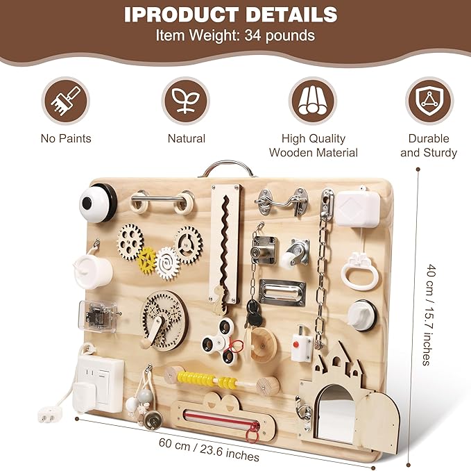 Wooden Montessori Busy Board for Toddlers, Montessori Sensory Activity Board Toys for Baby Kids, for Fine Motor Skills, Autism & ADHD