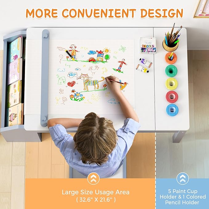 5-in-1 Kids Art Table and Chairs, Wood Toddler Table and Chair Set with Storage Drawers, Craft Play Desk for Kids, Convertible Art Easel with Paper Roll Holder, Children Activity Learning Center-Blue