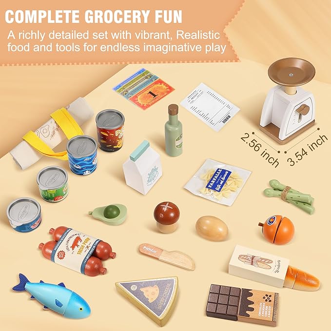 Wooden Play Food Set for Kids Toddlers, Grocery Store Pretend Play Food, Pretend Grocery Shopping & Play Kitchen Accessories for Boys Girls