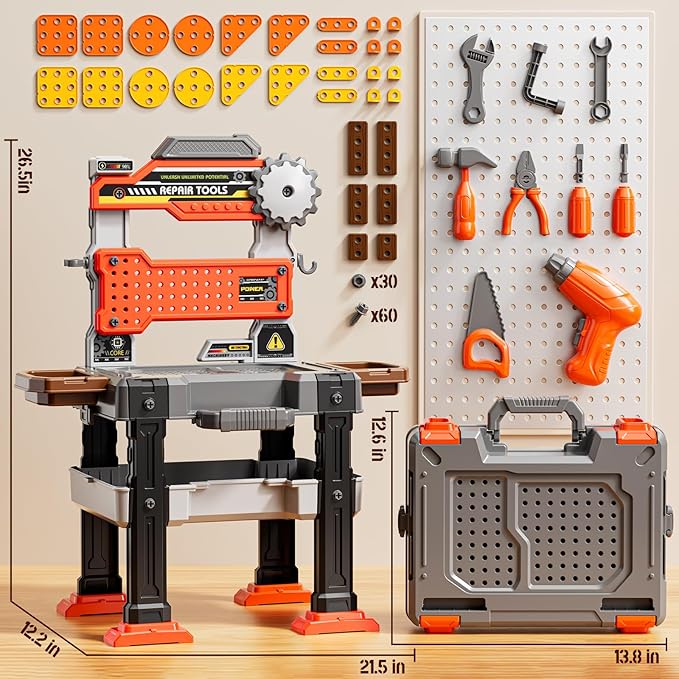 2 in 1 Workbench Toys for Toddlers 3-5, Kids Tool Bench Set with Electric Drill and Realistic Tool, Pretend Play Toolbox, Birthday Gifts for Boys Age 3 4 5 6 7 8 Year Old