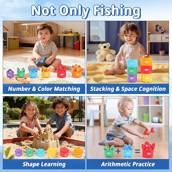 29PCS Montessori Toddler Toys for Baby Boy Girl, Cloth Fishing Game Set with Stacking Cups, Learning Toys for Number & Color Sorting, Birthday Toys Gifts for Babies Toddlers