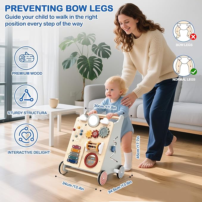 Detachable Baby Walker for Toddlers 1 Year Old Wooden Montessori Busy Board Adjustable Speed Push & Pull Walker Activity Learning to Walk Center Toy for Boys Girls 6-12 Months Baby Toys Birthday Gifts