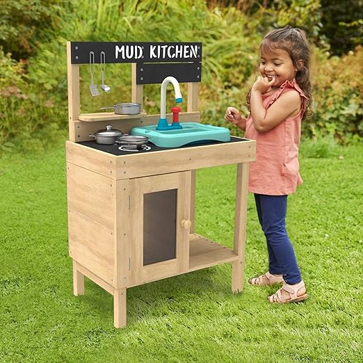 TP Toys Mud Play Kitchen For Kids - Indoor, Outdoor Toddler Toys Wooden Kitchen Playset w/ Accessories, Sink with Faucet, Durable, Weatherproof, Chalkboard, Wood Burner Stencils, Easy Assembly, Age 3+