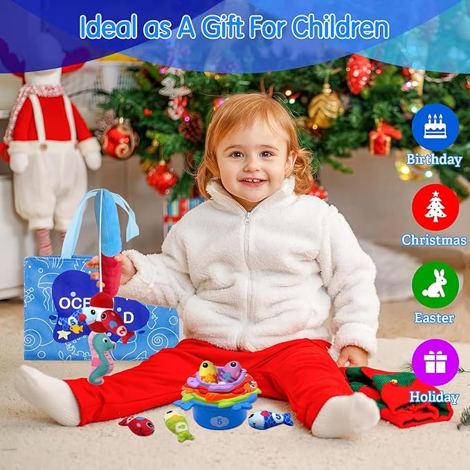 Montessori Toys for 1 Year Old, Cloth Fishing Game for Baby 12 Months with Stacking Cups, Number Counting, Color Sorting, Shape Learning