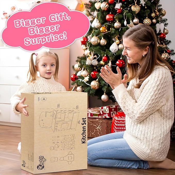 Wooden Play Kitchen for Toddlers 1-3, Kids Children Pretend Toy Kitchen Playset, Toys Kitchen with Realistic 24 Pieces Toy Accessory, Cutting Play Food Toys Gifts for Ages 3-8 Girls Boys