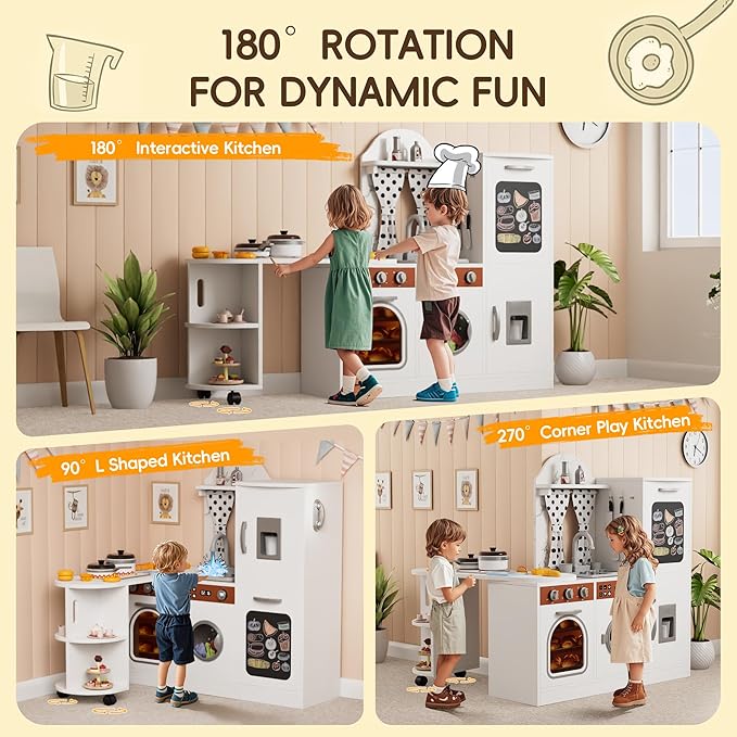Wooden Play Kitchen with 180 Degree Rotation, Interactive Kids Corner Toy Kitchen Playset with Lights & Sounds, Toddler Kitchen Play Set with Realistic Accessories for Girls Boys Ages 3+, White