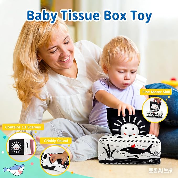 Montessori Toys 7 in 1 Learning Educational Set Newborn Toys, Rainbow Ball, Baby Black and White Books, Tissue Box Toy, Spinning Drum, Rattle Toy