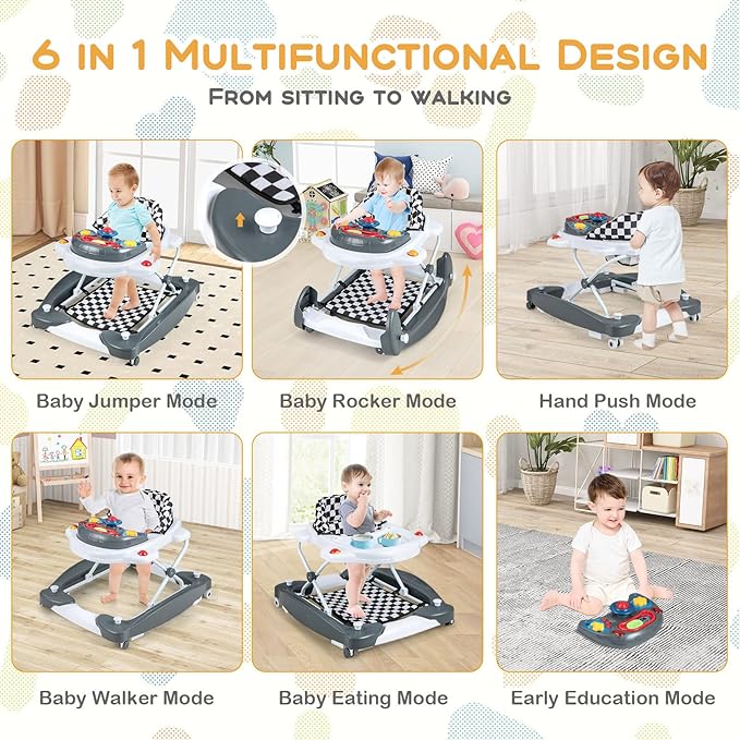 BABY JOY 6-in-1 Baby Walker, Foldable Baby Walker with Wheels, Adjustable Height, Music, Lights, Bouncer & Rocker Mode, Baby Walkers for Boys Girls 6-14 Months (Gray)