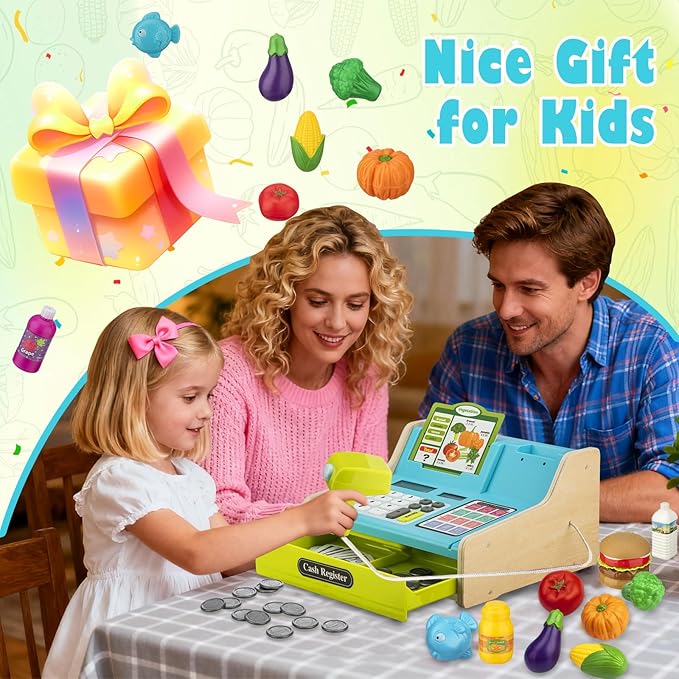 Wooden Cash Register for Kids with Shopping Cart Rechargeable Kid Cash Register with Scanner Gift for Kid Age 3 4 5 6 7 8 9 Year Old Pretend Play for Toddlers Toys for 3-12 Year Old Kids