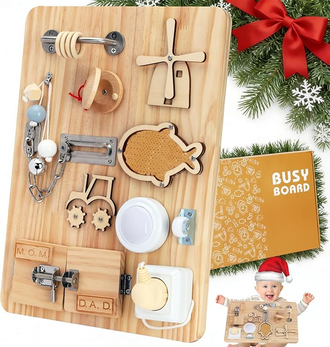 Montessori Busy Board for 1 2 3 4 Year Old, Wooden Sensory Toys, Montessori Sensory Toys for Fine Motor Skills, Sorting & Stacking Toys, Fidget Activity Board for ADHD & Autistic, Ideal Gift Choice