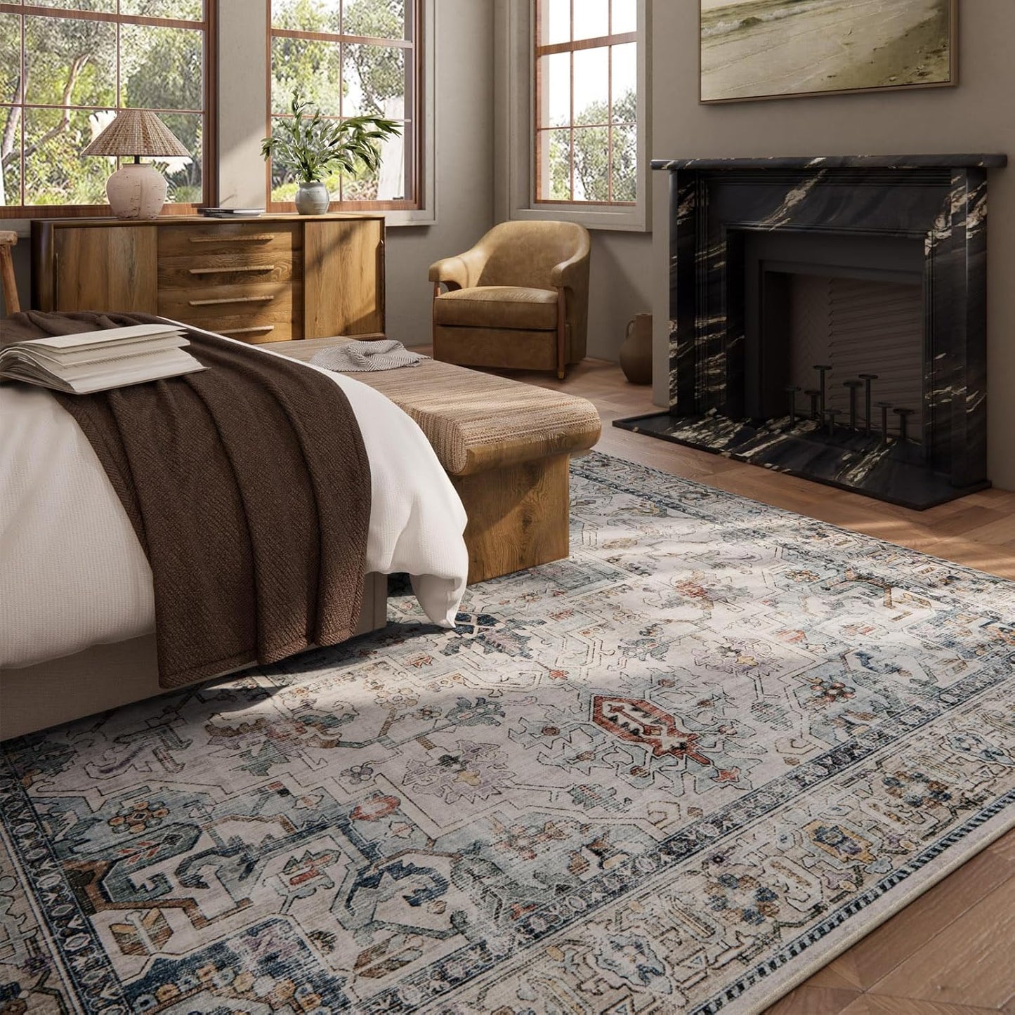 10x14 Area Rugs for Living Room: Washable Bedroom Rug Boho Vintage Rugs Stain Resistant Non Slip Low Pile Soft Lightweight Carpet for Kitchen Dining Room Farmhouse Nursery Kids Room Home Office