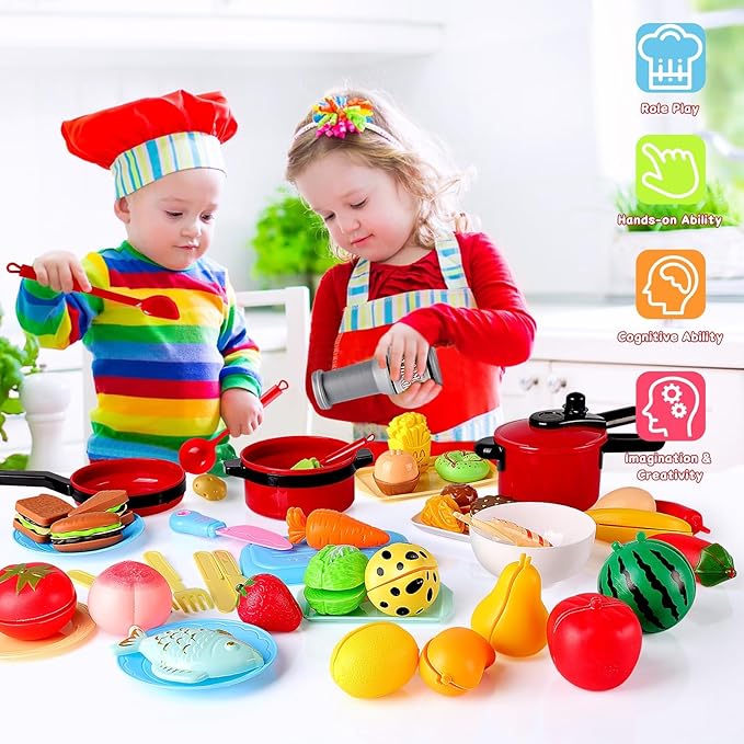 134 Pcs Toy Kitchen Accessories, Toddler Pretend Cooking Toys with BBQ Grill, Pressure Cooker, Kettle, Pots, Pans, Kitchen Playset for Cutting Play Food, Learning Gift for Girls Boys