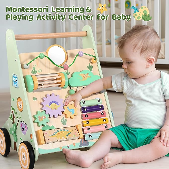 Wooden Baby Walker with Adjustable Speed, Montessori Push Walker Toy with Activity Center & Wheels, Sturdy Learning Toy for Boys and Girls
