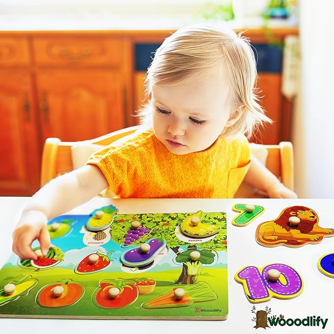 5 Pack Wooden Puzzles for Toddlers 1-3 - Colorful Chunky Wooden Peg Puzzles - Educational Learning Montessori Toys - Toddler Puzzles for Kids Ages 2-4 - Alphabet ABC Number Animal Fruit Shape