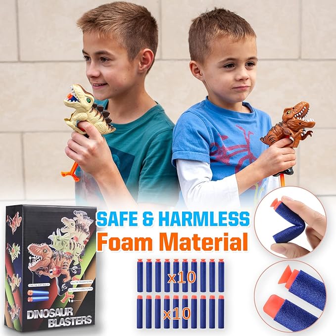 2 Pack Dinosaur Gun Toys for Toddlers Boys 3 4 5 6 7 Year Old Birthday Gifts Valentines Easter Christmas Stocking Stuffers, Small Dino Blaster Shooting Game with Soft Foam Darts Compatible with Nerf