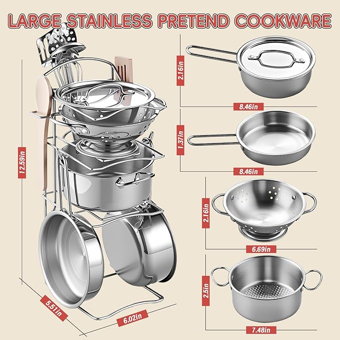 Play Kitchen Accessories, Large Stainless Steel Toddler Cooking Set, Kids Kitchen Playset with Cutting Play Food, Condiments, Chef Apron & Hat, Service Bell, Toy Food with 2 Baskets, Boys Girls Gifts.