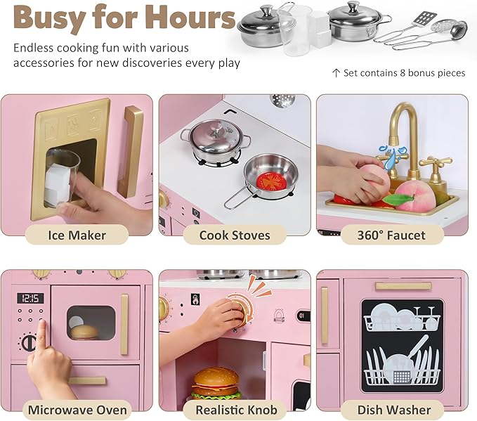 Pretend Kitchen Playset for Kids, Interactive Play Kitchen Wooden Toy Set w/Realistic Design, Sink, Microwave, Ice Maker, Dishwasher, Toddler Cooking Set Toy for Ages 3+, Pink
