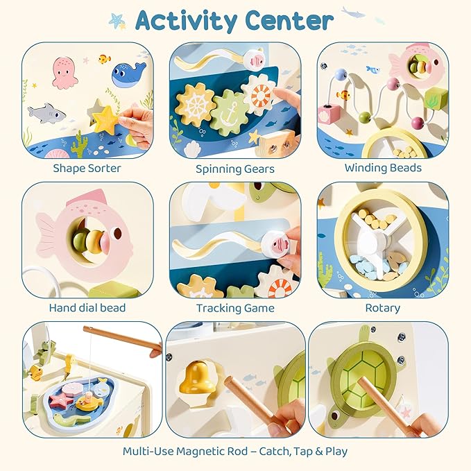 ROBOTIME Wooden Baby Walking Toy, Montessori Baby Walker Push Toy with Adjustable Height & Speed, Activity Center Baby Push Toy with Music, Fishing Game & Storage for Toddler 10M+ (Ocean World Theme)