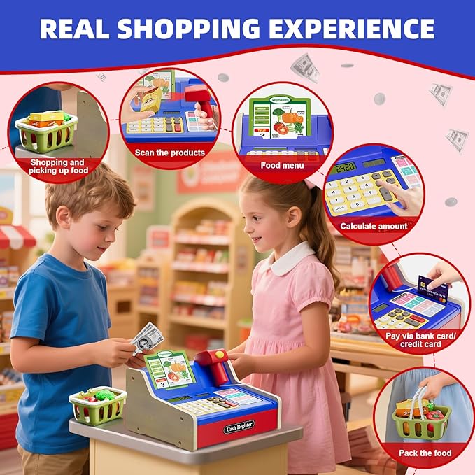 Wooden Cash Register for Kids, Rechargeable Pretend Play Supermarket & Fast Food Restaurant, Teen Cash Register with Play Money, Toy Food, Toddler Learning Toys for Kids Boy & Girl Age 3-5, Blue