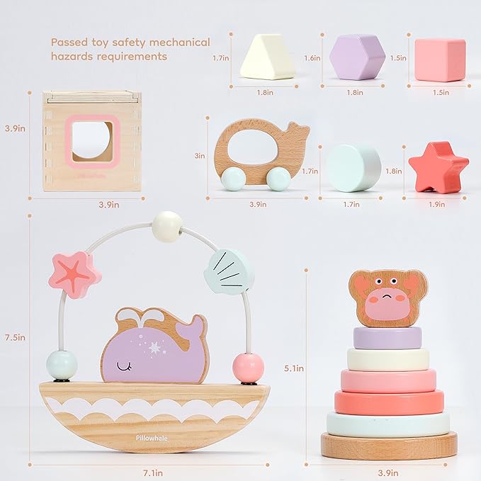 Sensory & Educational Wooden Toy Set for Toddlers 1-3 Years Old - Stacking Rings, Shape Sorter, Push Car, Bead Maze, Montessori Toys for Boys & Girl