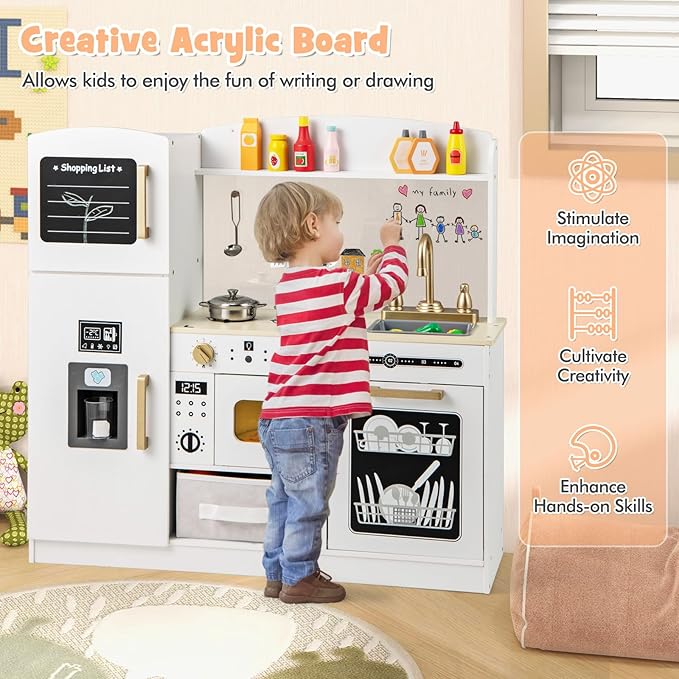 HONEY JOY Kids Kitchen Playset, Wooden Toy Kitchen Set with Lights & Sounds, Microwave, Ice Maker, Storage Box, Interactive Little Chef Pretend Play Kitchen for Toddlers, Gift for Boys Girls (White)