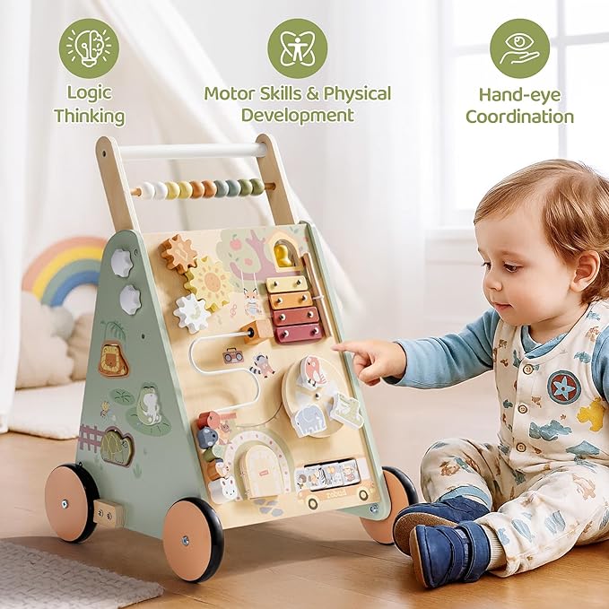 ROBUD Wooden Baby Push Walker, Forest Theme Learning Walking Toys, Adjustable Height Baby Walker with Decelerator, Montessori Toys for Baby Age 10 Months+, WRP37
