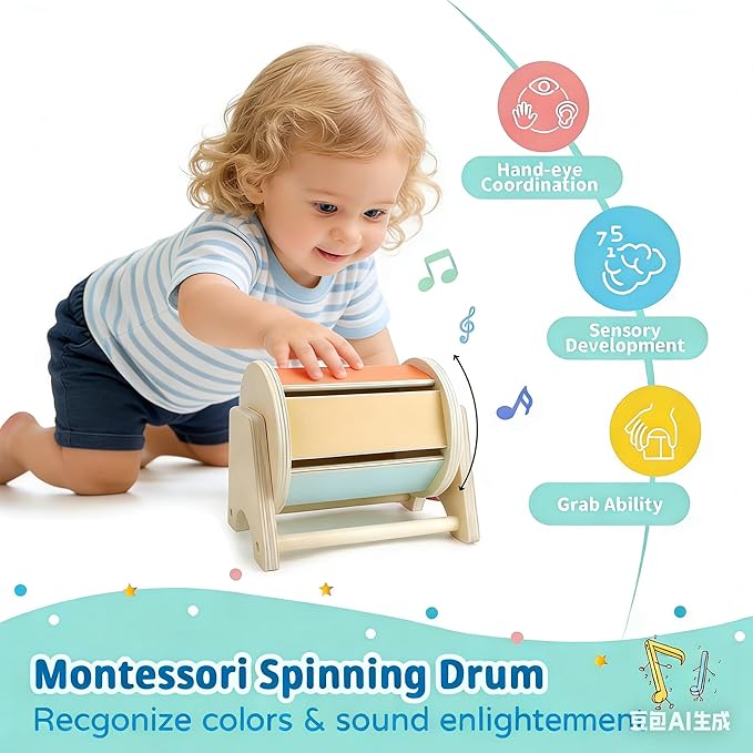 Montessori Toys 7 in 1 Learning Educational Set Newborn Toys, Rainbow Ball, Baby Black and White Books, Tissue Box Toy, Spinning Drum, Rattle Toy