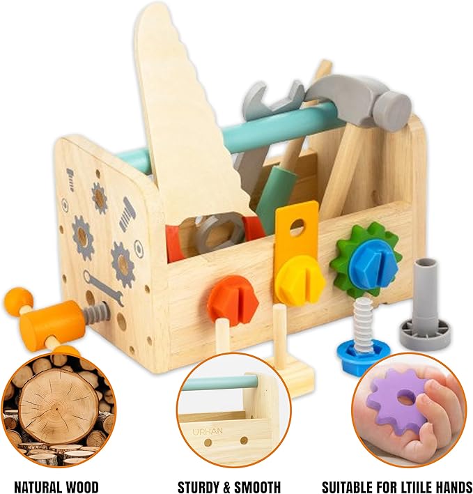 Kids Tool Set – 35 Pieces Wooden Toddler Tool with Box – Montessori STEM Educational Pretend Play Construction Toy for 3 to 8 Year Old Boys Girls – Best Birthday Gift