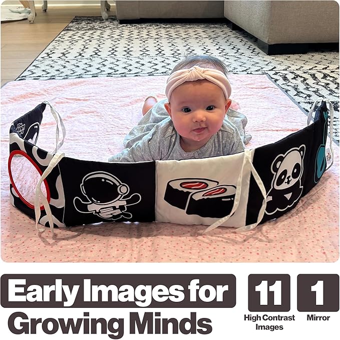 Happy Start High Contrast Baby Soft Book - Sensory Cloth Book for Newborns and Infants 0-12 Months with Mirror, Crinkle & Squeaker | Baby Tummy Time Toy, Crib, Stroller & Travel Developmental Toy