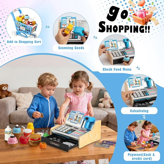 Wooden Cash Register for Kids with Shopping Cart Rechargeable Kid Cash Register with Scanner Gift for Kids Age 3 4 5 6 7 8 9 Year Old Pretend Play for Toddlers Toys for 3-12 Year Old Boys