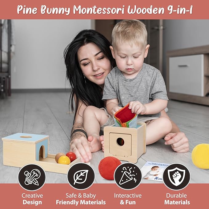 Pine Bunny Montessori Wooden 10-in-1 Toy Set for 7+ Months, Object Permanence Box, Egg and Cup, Tissue Box, Fabric Blocks, Scarf, Educational Learning Sensory Development Fine Motor Skills Baby Toys