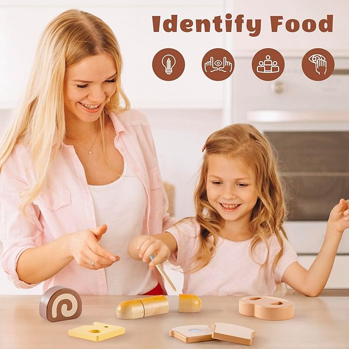 ROBOTIME Wooden Play Food Cutting Bread Set, Pretend Play Toy Food for Play Kitchen with Shopping Bag – Kids Kitchen Accessories, Wooden Bread Toys for Boys & Girls