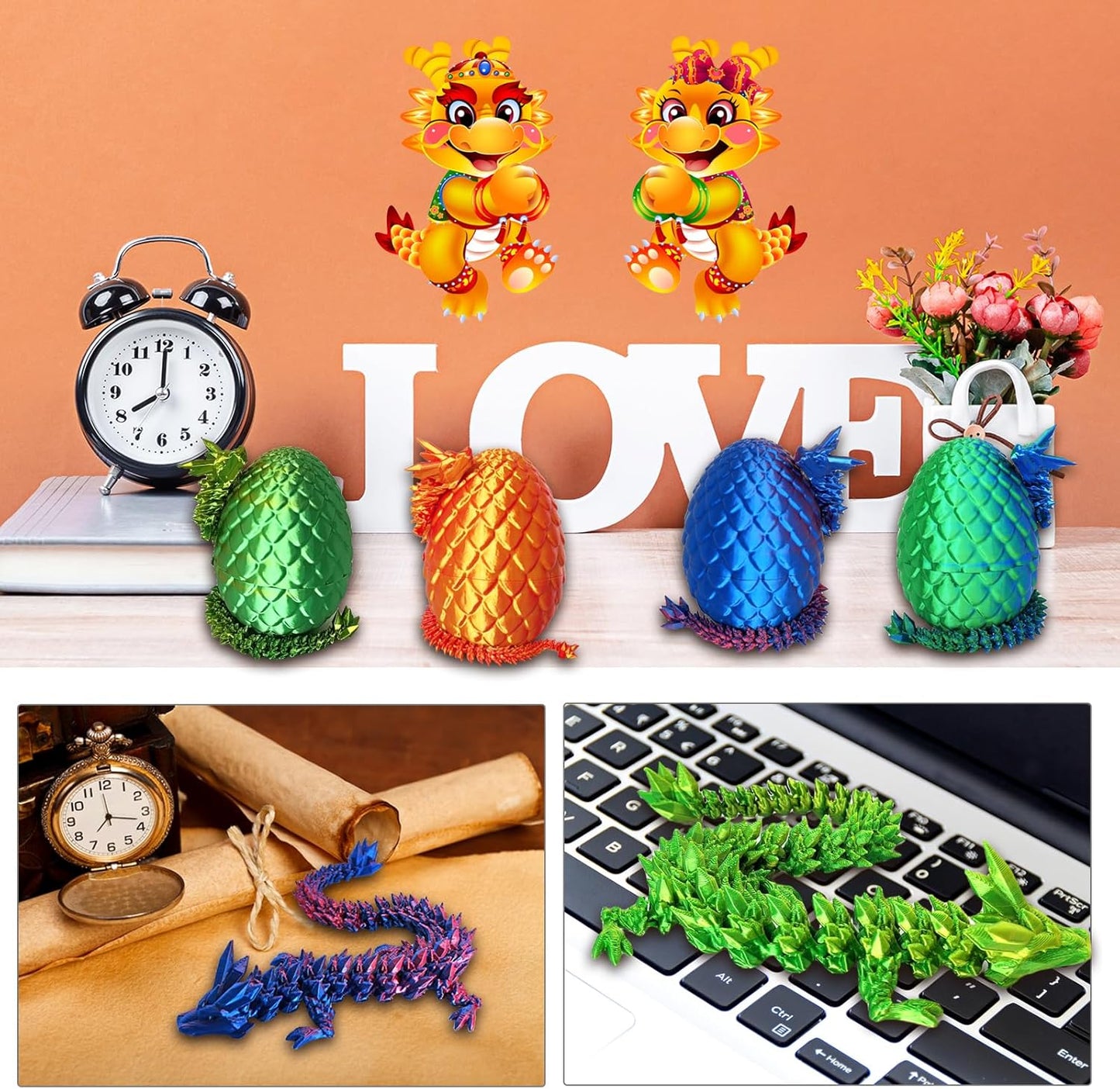 3D Printed Dragon Egg, 3D Printed Articulated Dragon Eggs with Dragon Inside, Crystal Dragon Fidget Toy, Adults Fidget Toys, Mystery Dragon Egg for Autism and ADHD（Laser Yellow Green）