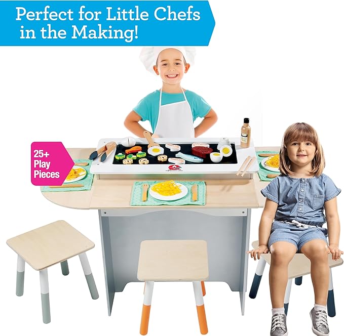Hibachi Grill Wooden Kids Playset w Stools, Table Settings, 25+ Toy Food Pieces- Noodles Tongs Meats Veggies- Everything Little Chef Needs for Pretend Play, Indoor Japanese Restaurant Stand, Xmas Gift